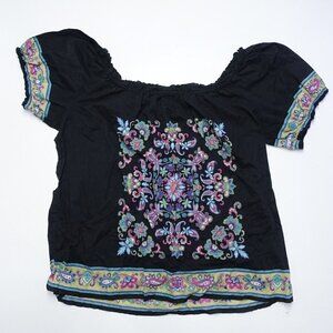 Trenz Mayan Blouse Women's Size 2X Black Floral Short Sleeve Round Neck Cotton
